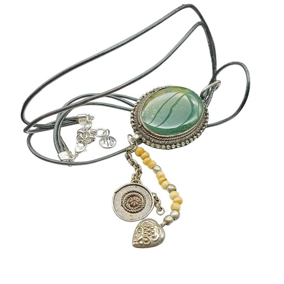 Vintage Moss Agate Pendant Necklace Silver-Tone Beaded Charms Heart Dangle Multi - Picture 2 of 5